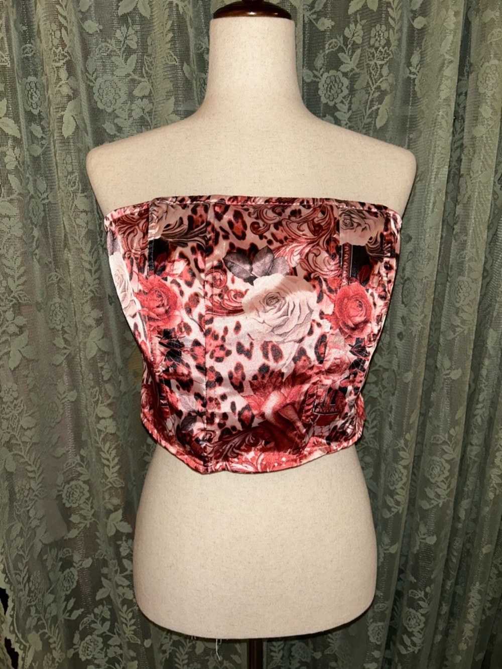 Pink and Red Satin Leopard Floral Bustier Tube Top by Guess
